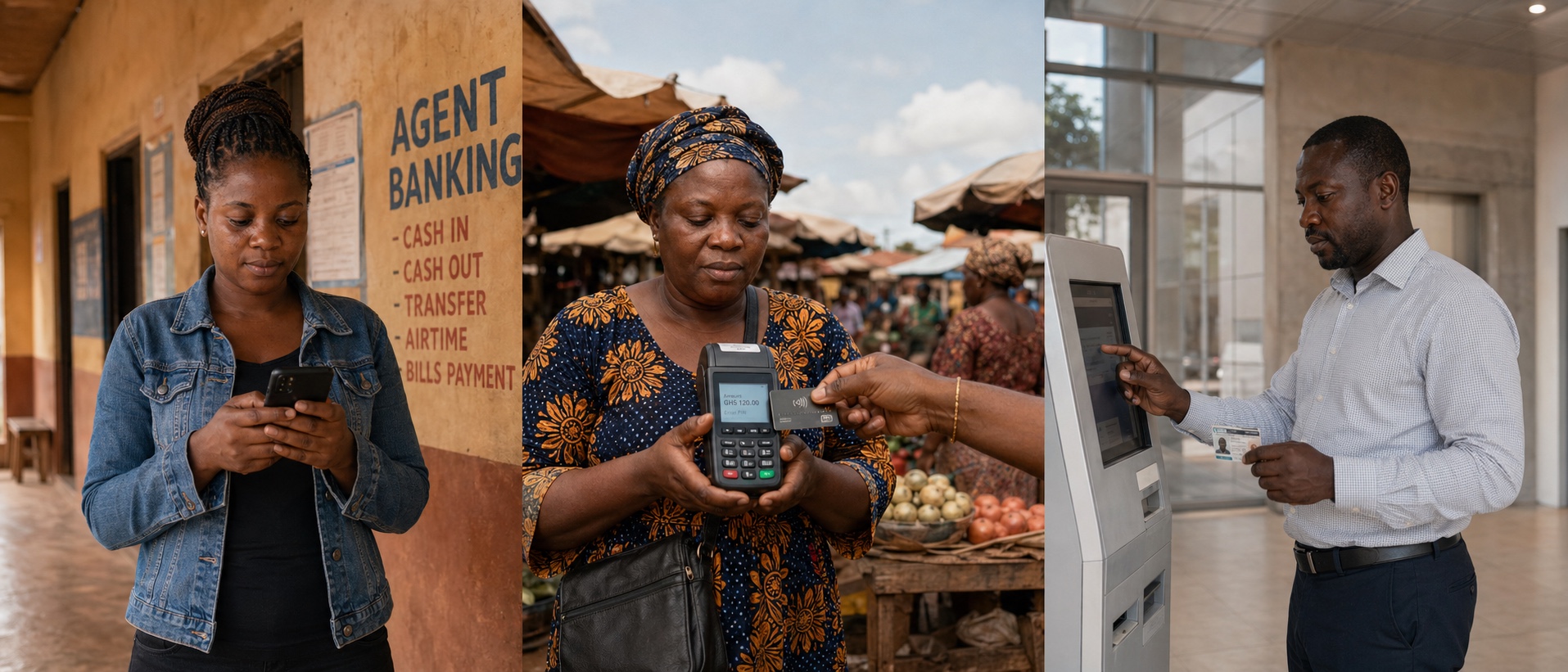 An editorial triptych: a young woman on her phone at an agent-banking corridor (mobile); a market trader processing a payment on a small POS terminal (POS); a man at a self-service banking kiosk in a branch (SST).